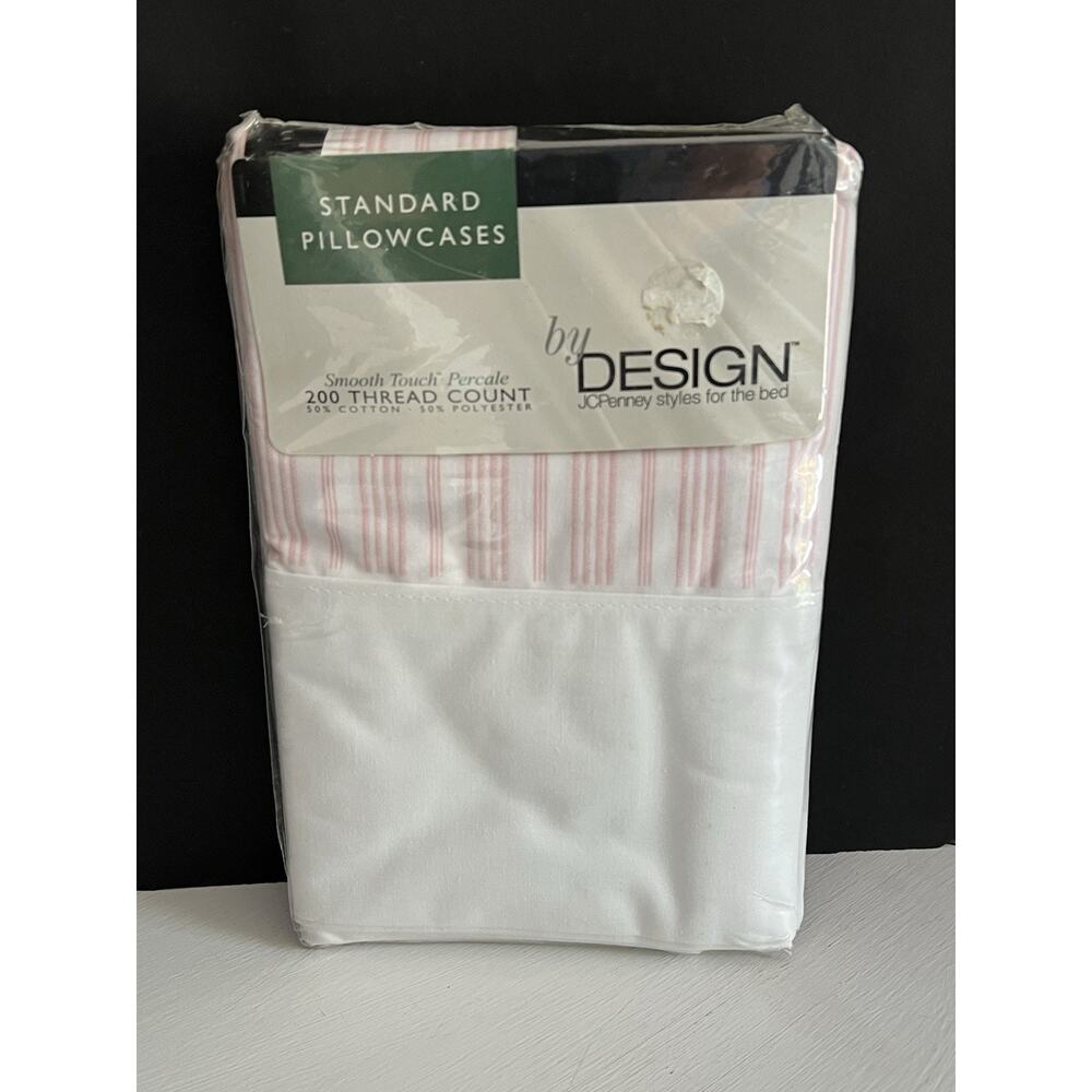 2 JC Penney Striped Tea Rose Pink Percale 200 TC 2 Standard Pillowcases Shams